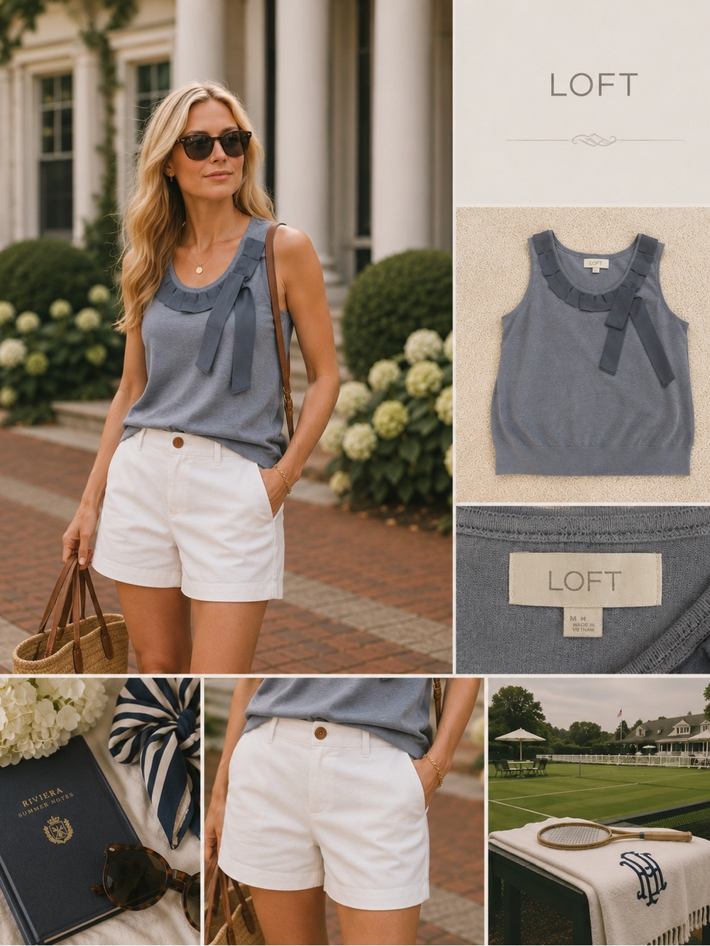 LOFT Slate Blue Sleeveless Bow-Accent Knit Shell